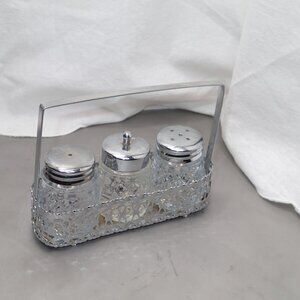 Vintage 80s Glass Salt and Pepper Shakers Top Stoppers Clear Set of 3 with Tray